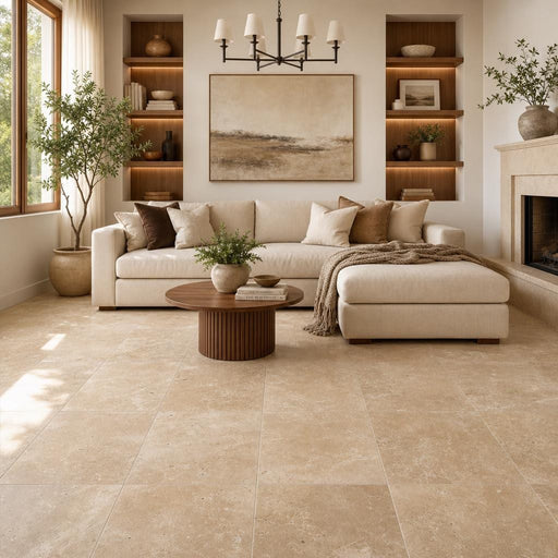 English Walnut Travertine Tile 24x24 Unfilled, Honed — Living Room floor