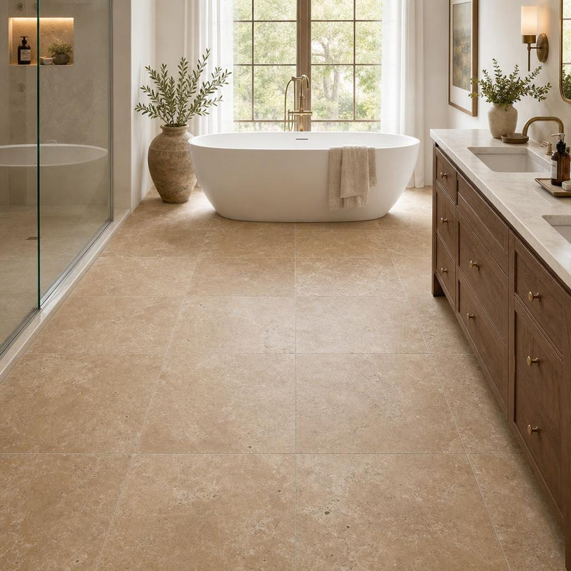 English Walnut Travertine Tile 24x24 Unfilled, Honed — Primary Bath floor