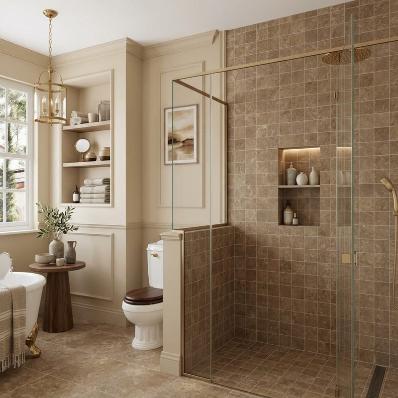 English Walnut Travertine Tile 4x4 Filled, Honed — Bathroom shower wall accent band