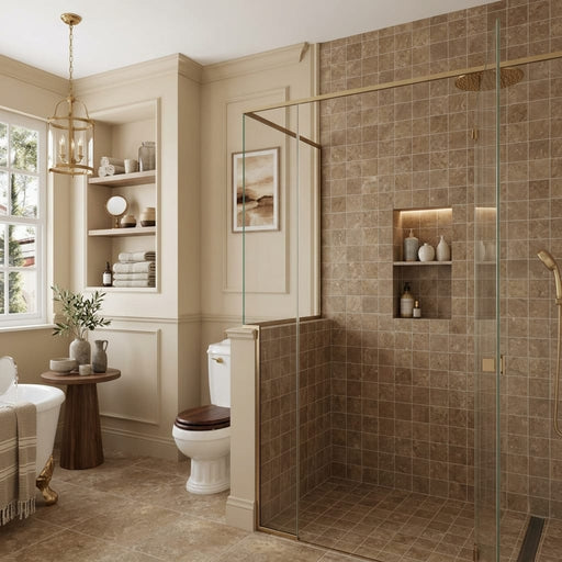 English Walnut Travertine Tile 4x4 Filled, Honed — Bathroom shower wall accent band