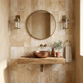 English Walnut Travertine Tile 6x12 Brushed Eased — Powder Room wall