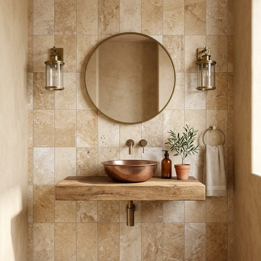 English Walnut Travertine Tile 6x12 Brushed Eased — Powder Room wall