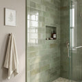 Equipe Tribeca Sage Green High Gloss 2.4x9.84 Porcelain Tile 3x12 — Bathroom shower wall edge