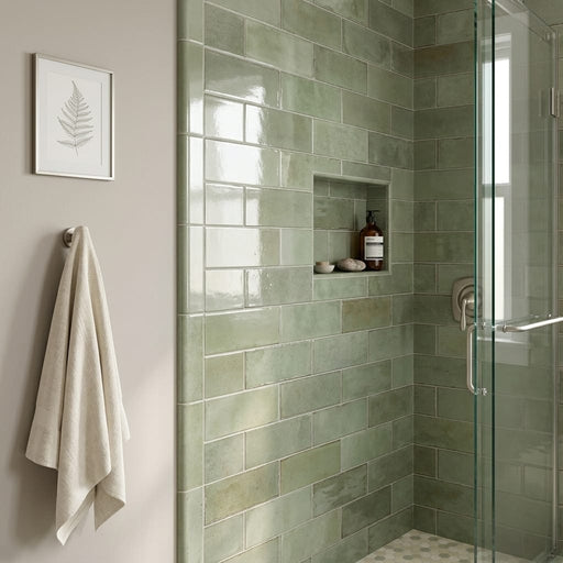 Equipe Tribeca Sage Green High Gloss 2.4x9.84 Porcelain Tile 3x12 — Bathroom shower wall edge