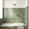 Equipe Tribeca Sage Green High Gloss 2.4x9.84 Porcelain Tile 3x12 — Bathroom tub surround edge