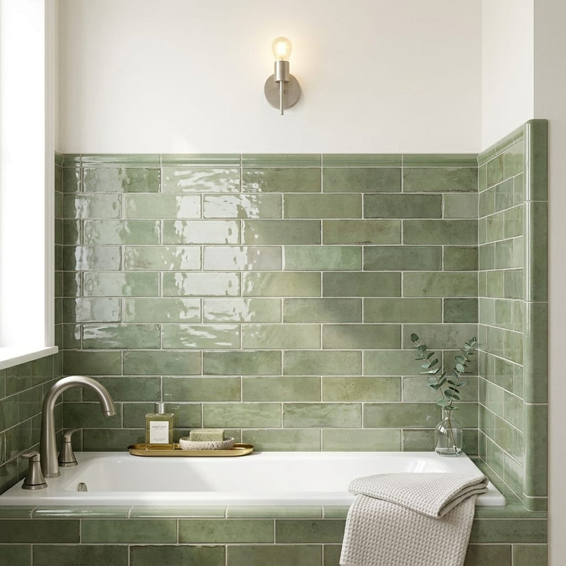 Equipe Tribeca Sage Green High Gloss 2.4x9.84 Porcelain Tile 3x12 — Bathroom tub surround edge