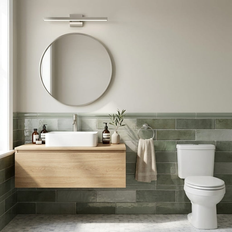 Equipe Tribeca Sage Green High Gloss 2.4x9.84 Porcelain Tile 3x12 — Bathroom wainscot cap