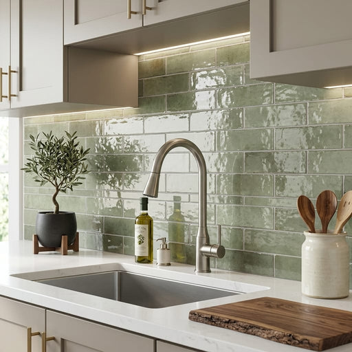 Equipe Tribeca Sage Green High Gloss 2.4x9.84 Porcelain Tile 3x12 — Kitchen backsplash edge