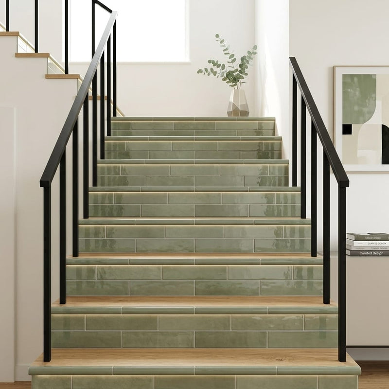 Equipe Tribeca Sage Green High Gloss 2.4x9.84 Porcelain Tile 3x12 — Stairway stair riser edge