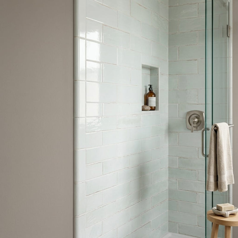 Equipe Tribeca Porcelain Tile in Seaglass Mint, Size 2.4x9.84 3x12 — Bathroom shower wall edge