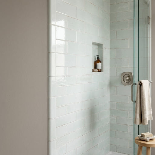 Equipe Tribeca Porcelain Tile in Seaglass Mint, Size 2.4x9.84 3x12 — Bathroom shower wall edge