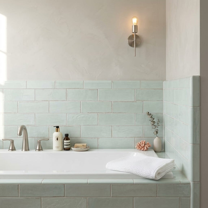 Equipe Tribeca Porcelain Tile in Seaglass Mint, Size 2.4x9.84 3x12 — Bathroom tub surround edge