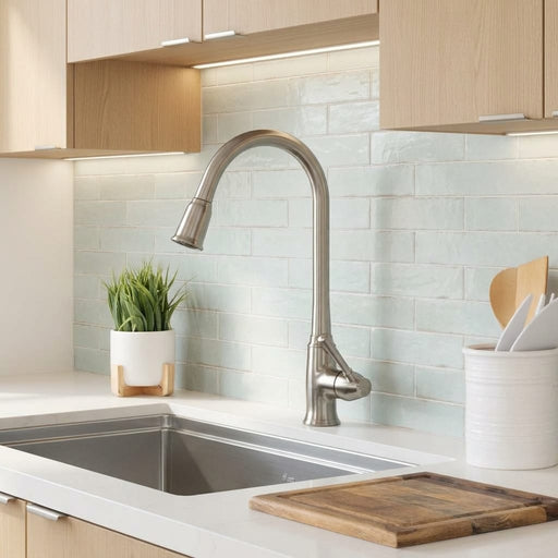 Equipe Tribeca Porcelain Tile in Seaglass Mint, Size 2.4x9.84 3x12 — Kitchen backsplash edge