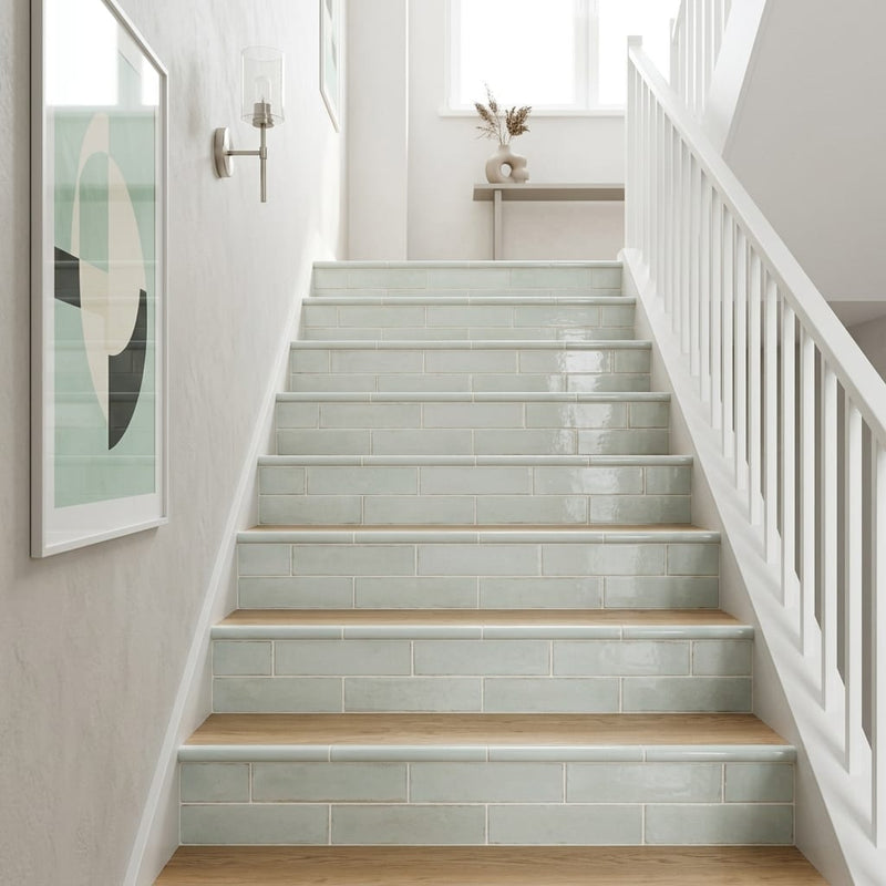 Equipe Tribeca Porcelain Tile in Seaglass Mint, Size 2.4x9.84 3x12 — Stairway stair riser edge