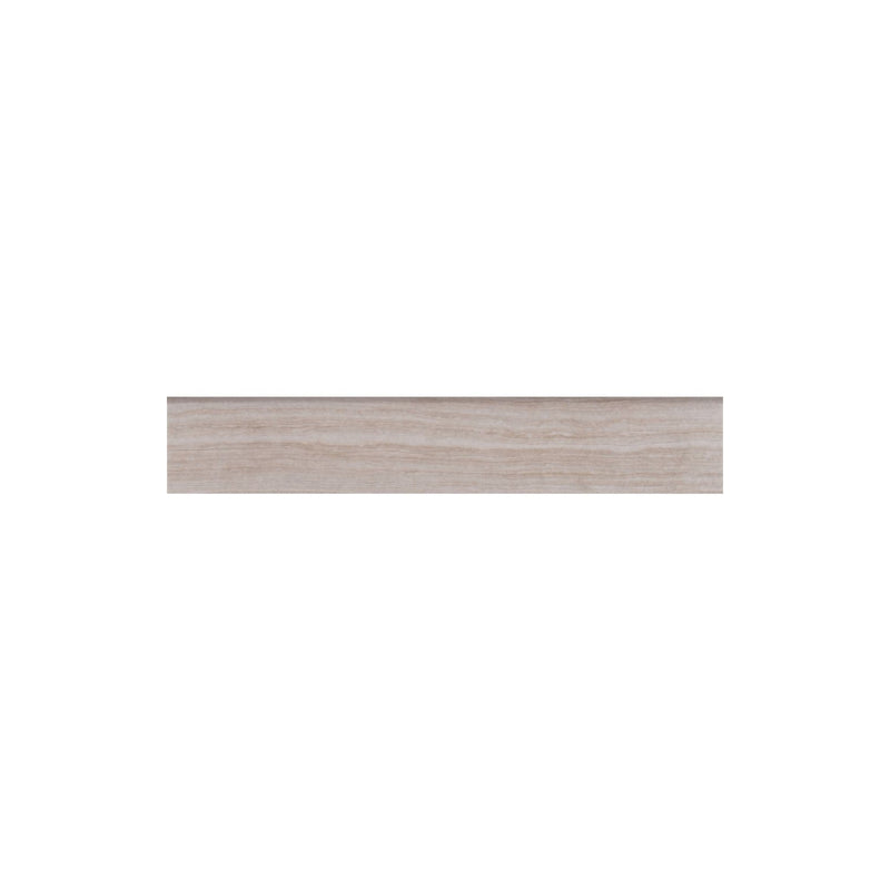 Long white matte porcelain bullnose trim with subtle gray-beige linear veining on a white background.