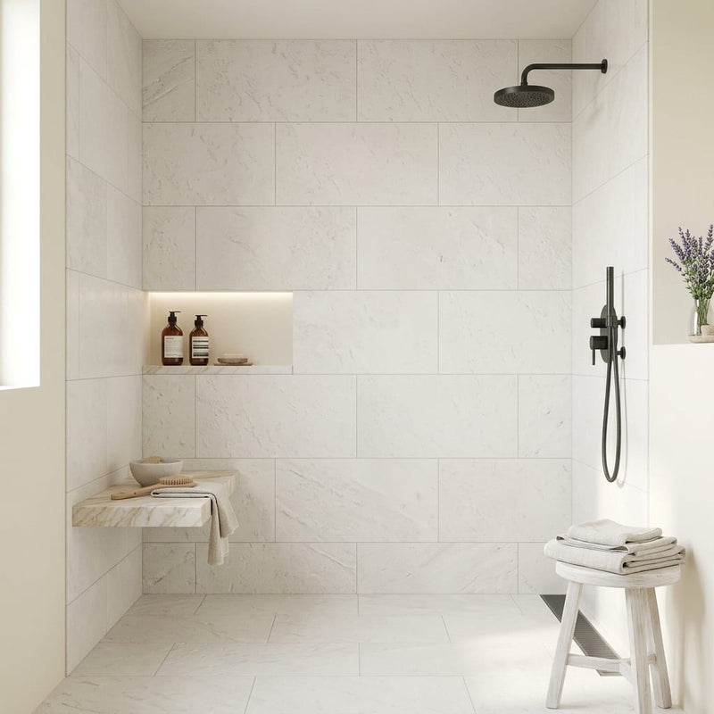 Euro White Deep Brushed 18x36 Limestone Tile — Bathroom shower wall