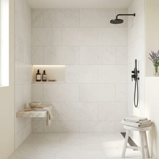 Euro White Deep Brushed 18x36 Limestone Tile — Bathroom shower wall