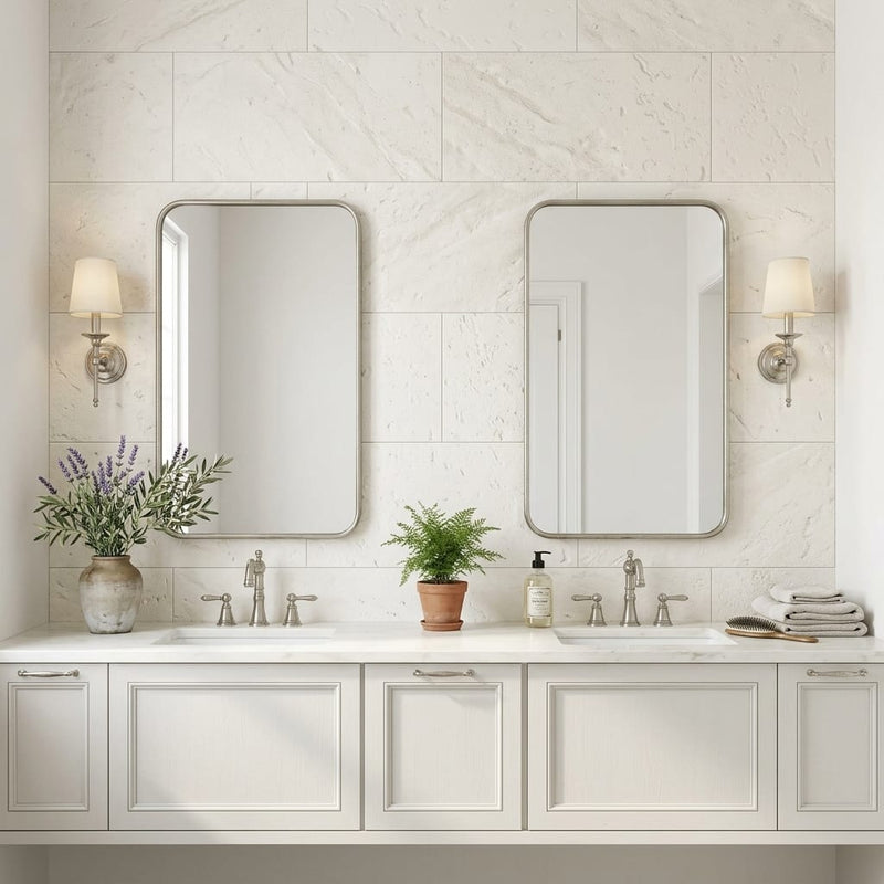 Euro White Deep Brushed 18x36 Limestone Tile — Bathroom vanity wall