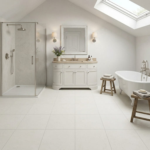 Euro White Honed 12x12 Honed Limestone Tile — Bathroom floor