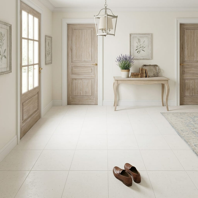 Euro White Honed 12x12 Honed Limestone Tile — Foyer floor