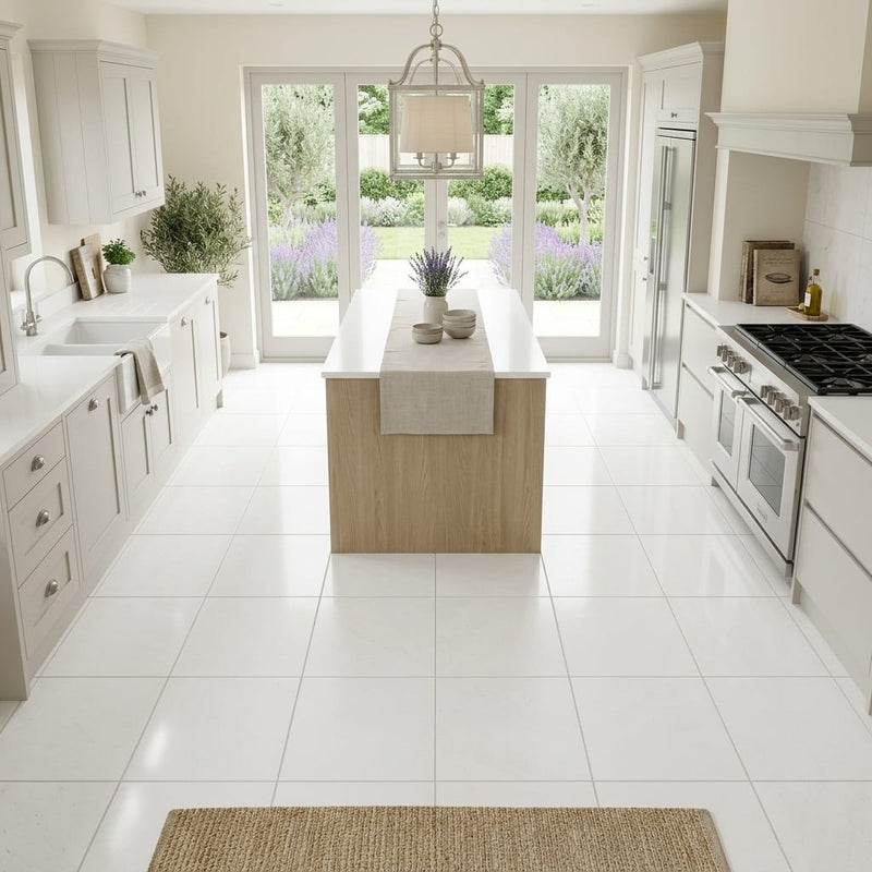 Euro White Honed 12x12 Honed Limestone Tile — Kitchen floor