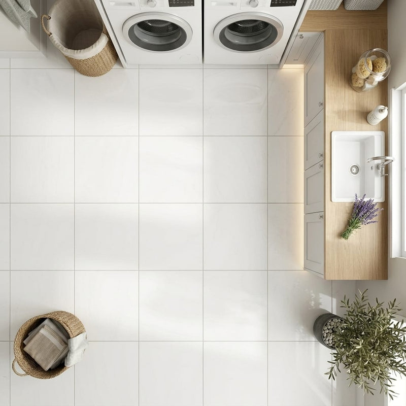 Euro White Honed 12x12 Honed Limestone Tile — Laundry Room floor