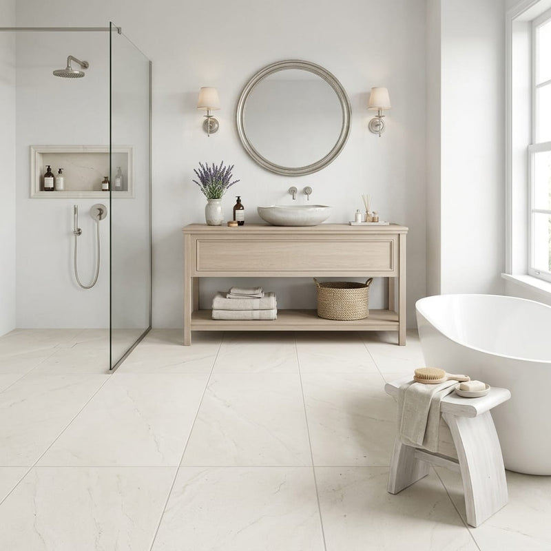 Euro White Honed 18x36 Honed Limestone Tile — Bathroom floor