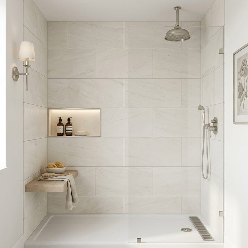 Euro White Honed 18x36 Honed Limestone Tile — Bathroom shower wall
