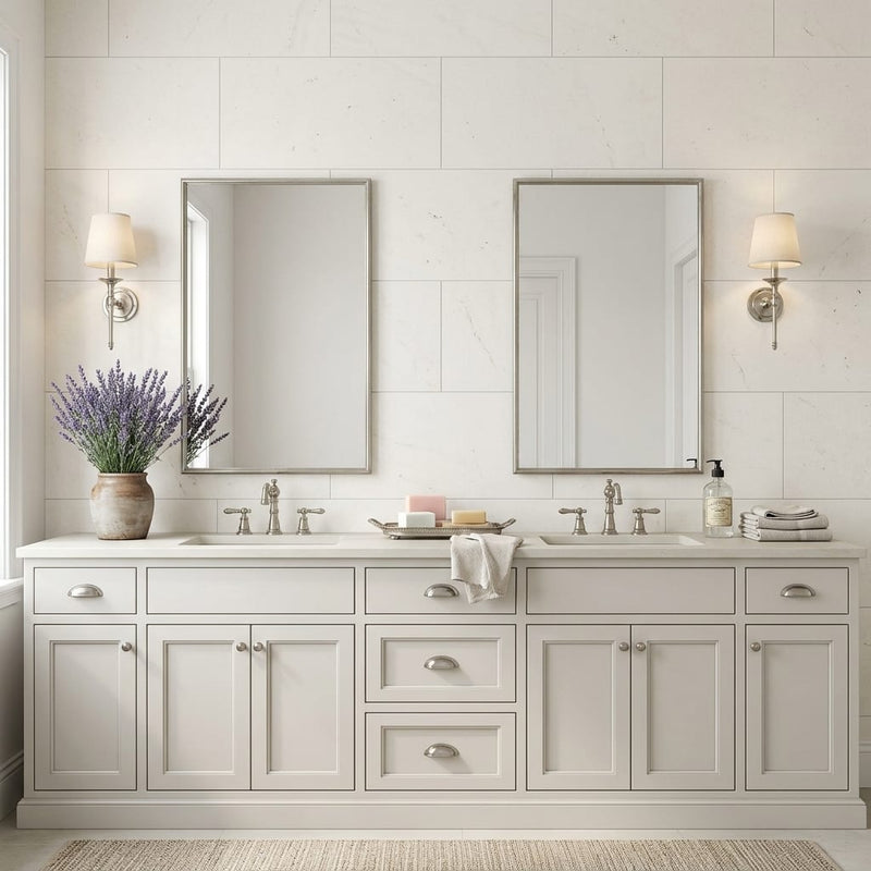 Euro White Honed 18x36 Honed Limestone Tile — Bathroom vanity wall