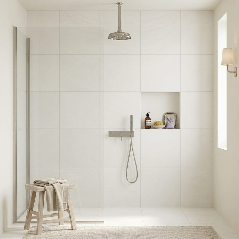 Euro White Honed 24x24 Honed Limestone Tile — Bathroom shower wall