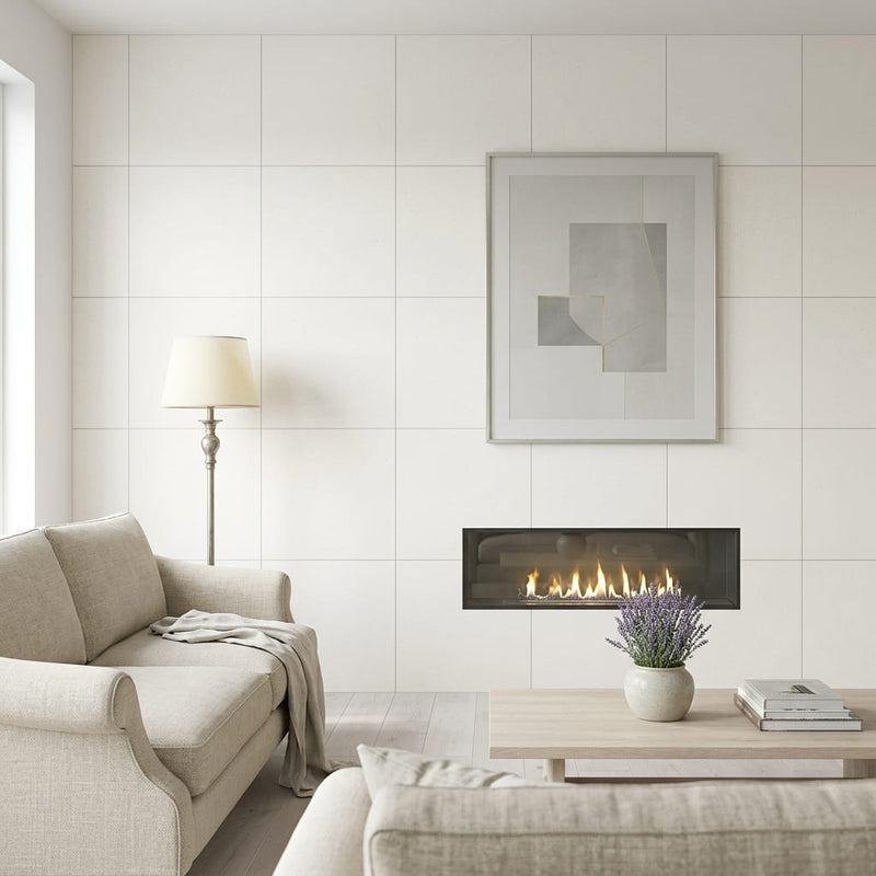Euro White Honed 24x24 Honed Limestone Tile — Living Room feature wall