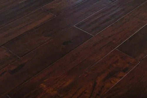 Exotic Walnut Dark 4-3/4 in x Random Length (12 in - 48 in) Plank Handscraped, Urethane Engineered Walnut Hardwood Flooring