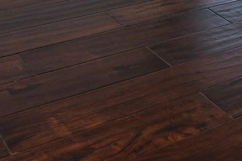 Exotic Walnut Dark 4-3/4 in x Random Length (12 in - 48 in) Plank Handscraped, Urethane Engineered Walnut Hardwood Flooring