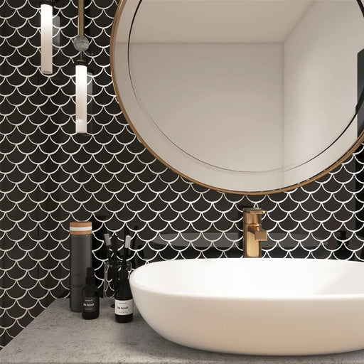 Fan Black Glossy 12x12 Gloss Porcelain Mosaic Tile
