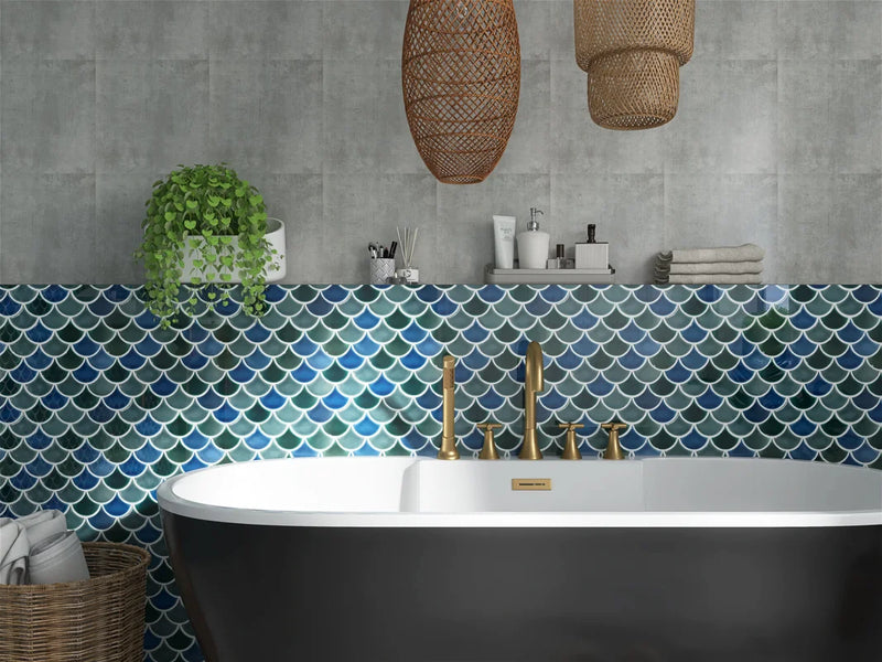 Fan Mixed Blue 12x12 Glossy Porcelain Mosaic Tile