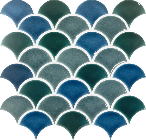 Fan Mixed Blue 12x12 Glossy Porcelain Mosaic Tile