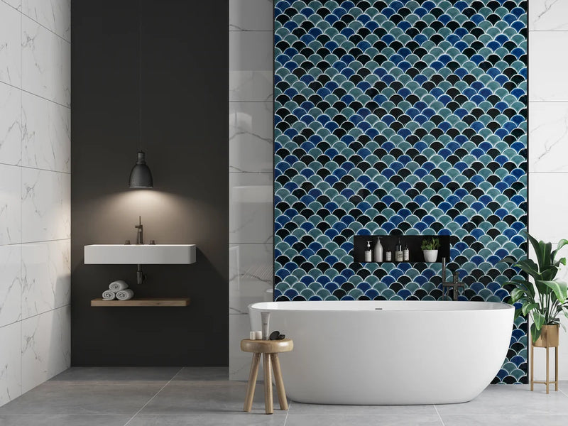 Fan Mixed Blue 12x12 Glossy Porcelain Mosaic Tile