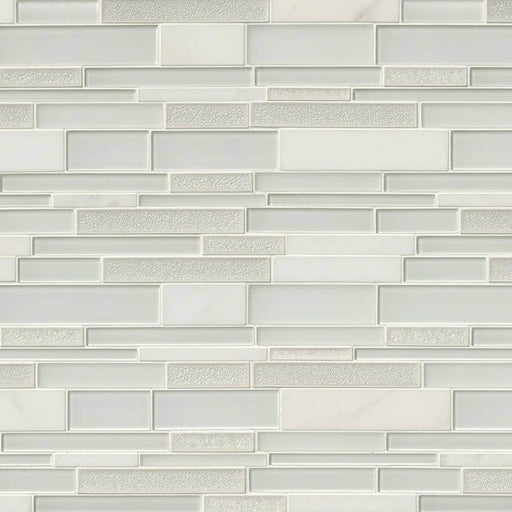Fantasia Blanco interlocking glass and stone mosaic with white and pale grey rectangular strips.