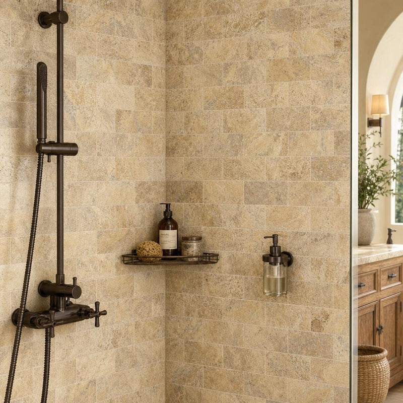 Fantastico 03x06 Tumbled Travertine Tile 3x6 — Bathroom shower wall