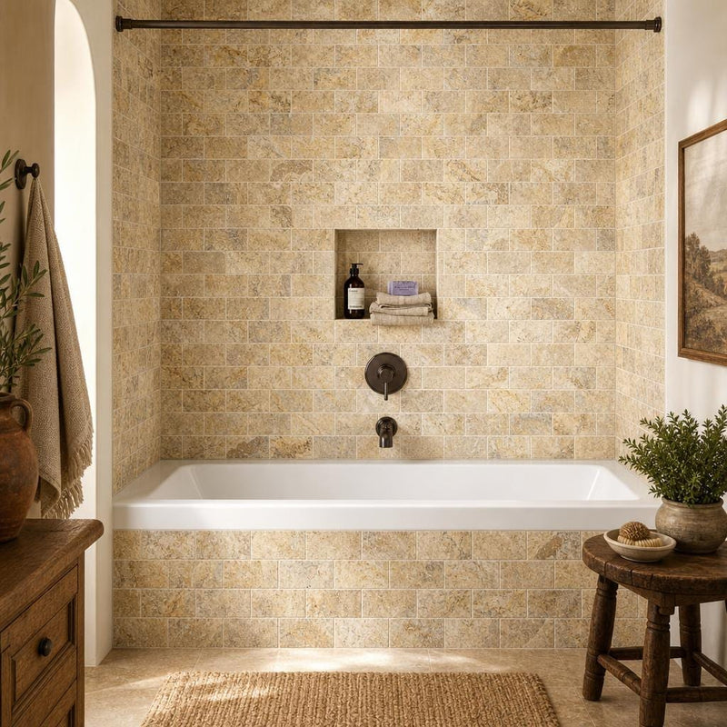 Fantastico 03x06 Tumbled Travertine Tile 3x6 — Bathroom tub surround