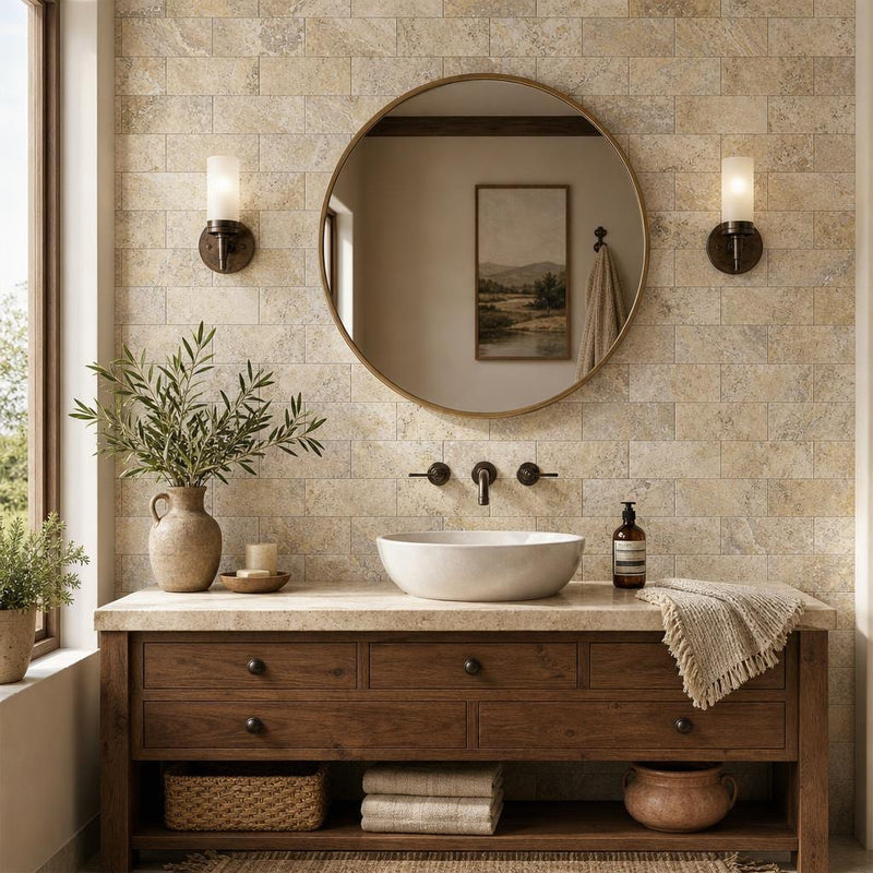 Fantastico 03x06 Tumbled Travertine Tile 3x6 — Bathroom wall