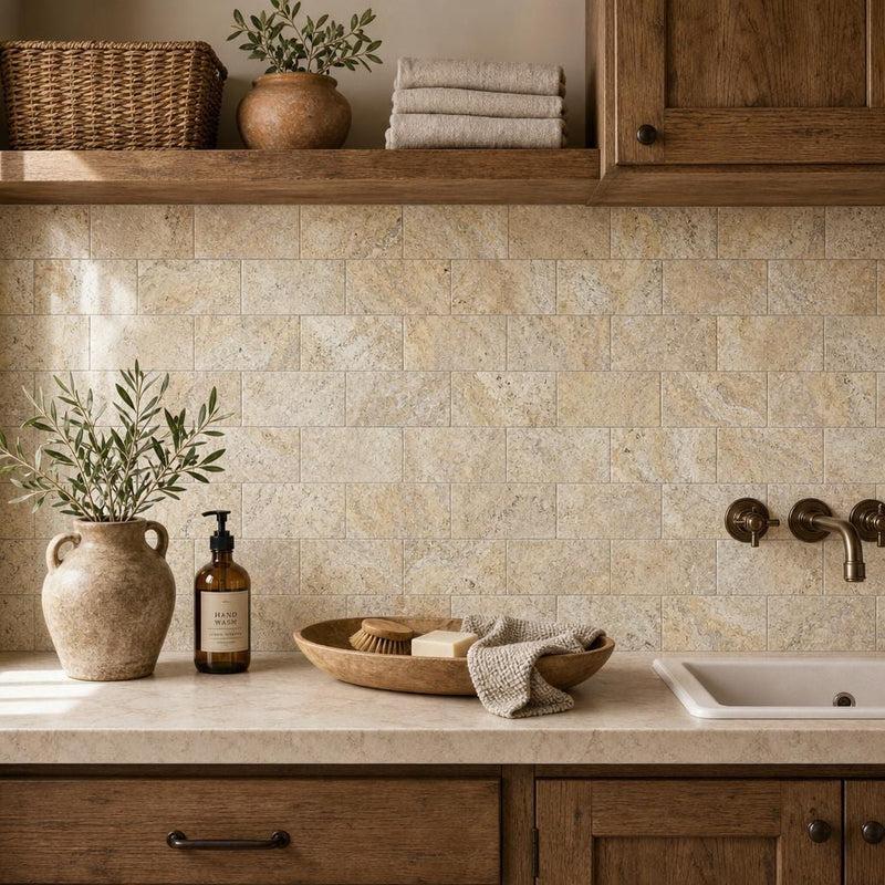 Fantastico 03x06 Tumbled Travertine Tile 3x6 — Laundry Room backsplash