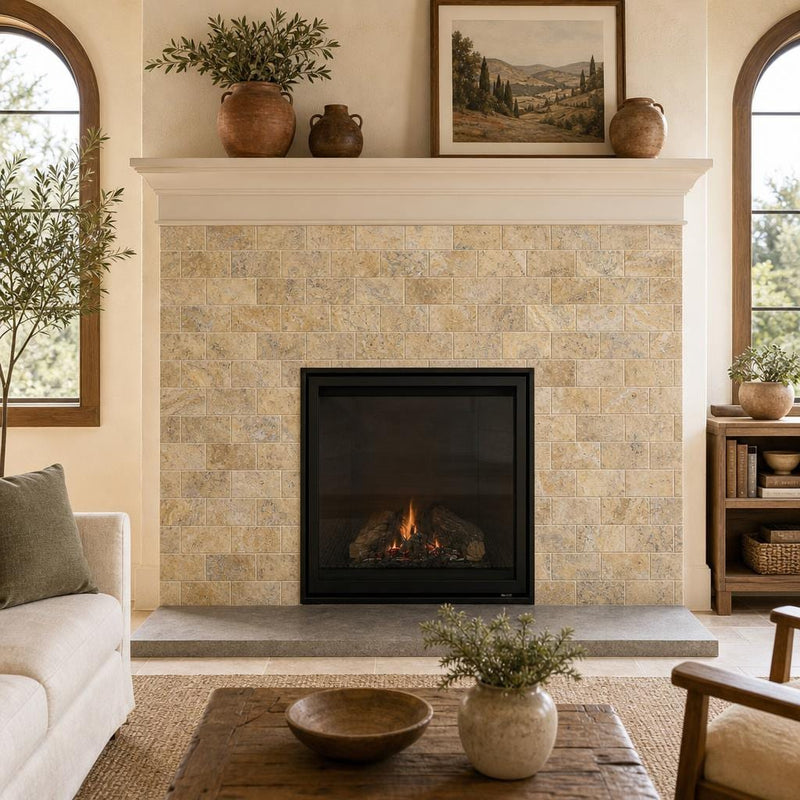 Fantastico 03x06 Tumbled Travertine Tile 3x6 — Living Room fireplace surround