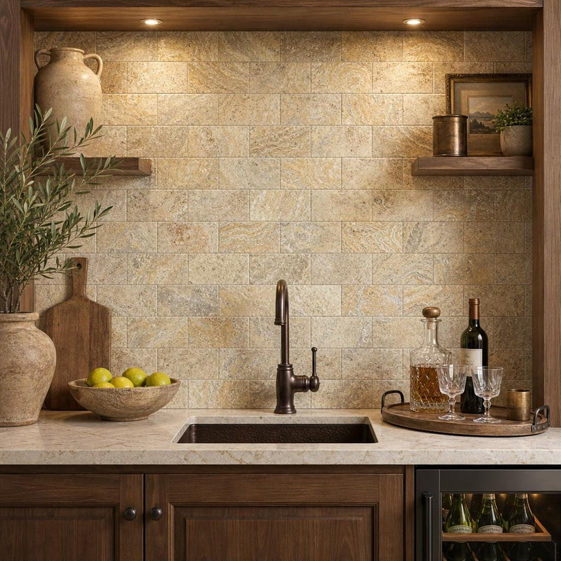 Fantastico 03x06 Tumbled Travertine Tile 3x6 — Wet Bar backsplash