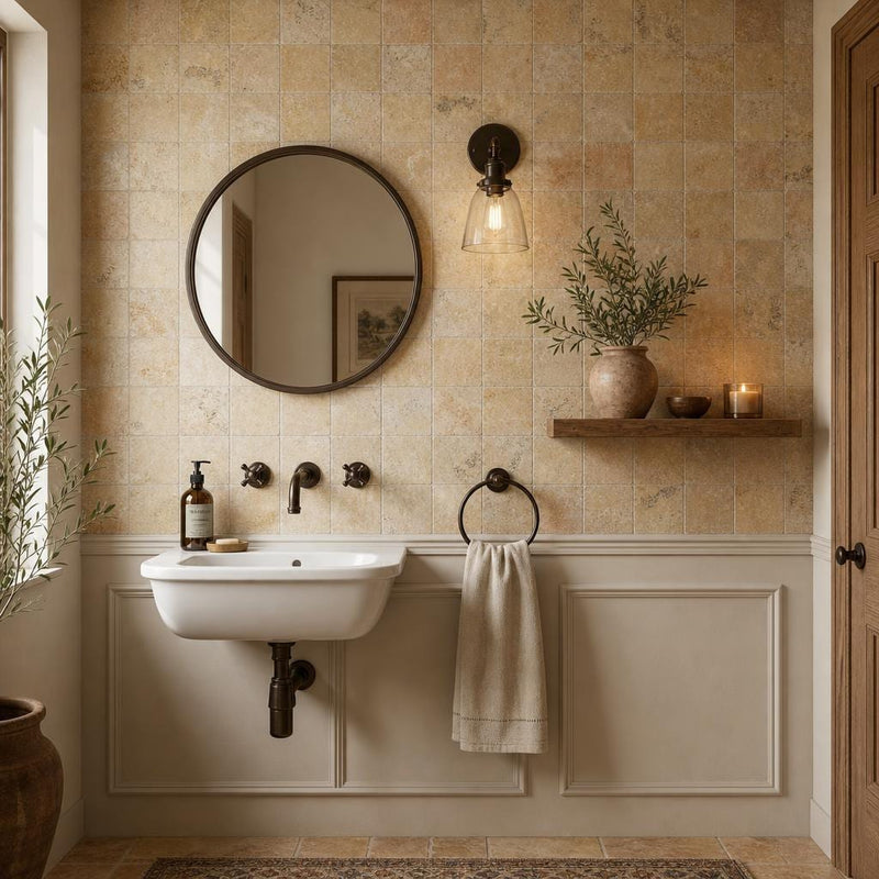 Fantastico 04x04 Tumbled Travertine Tile 4x4 — Powder Room wall