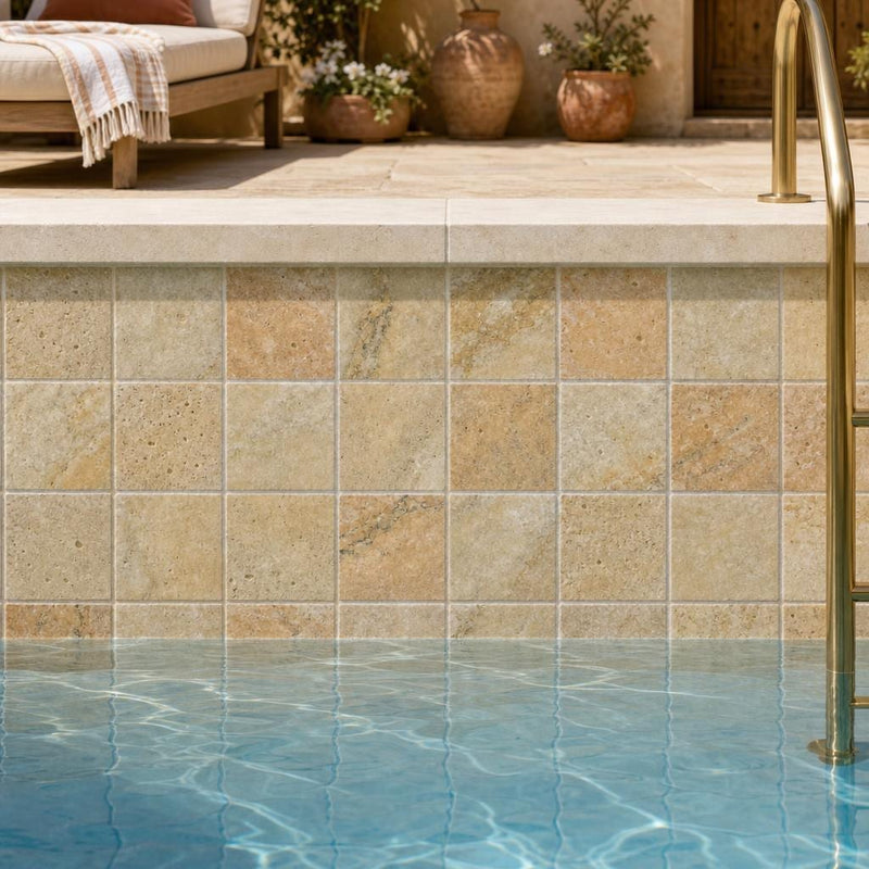 Fantastico 04x04 Tumbled Travertine Tile 4x4 — Swimming Pool waterline