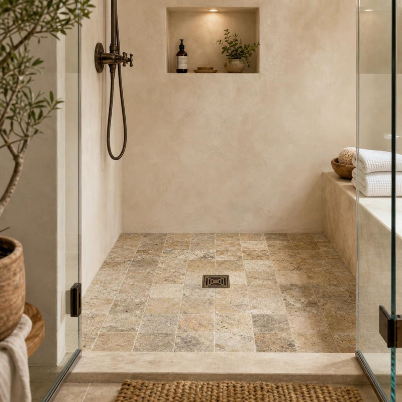 Fantastico 06x06 Tumbled Travertine Tile 6x6 — Bathroom shower floor