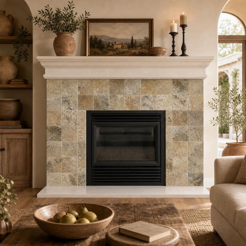 Fantastico 06x06 Tumbled Travertine Tile 6x6 — Living Room fireplace surround