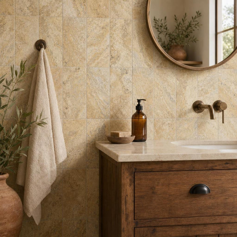 Fantastico 06x12 Tumbled Travertine Tile — Bathroom wall