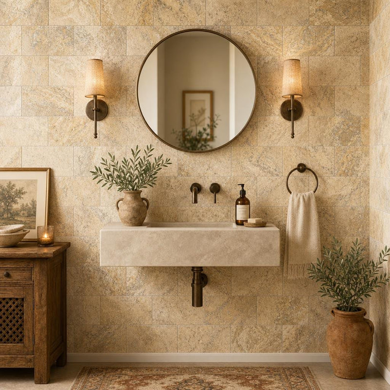 Fantastico 06x12 Tumbled Travertine Tile — Powder Room wall